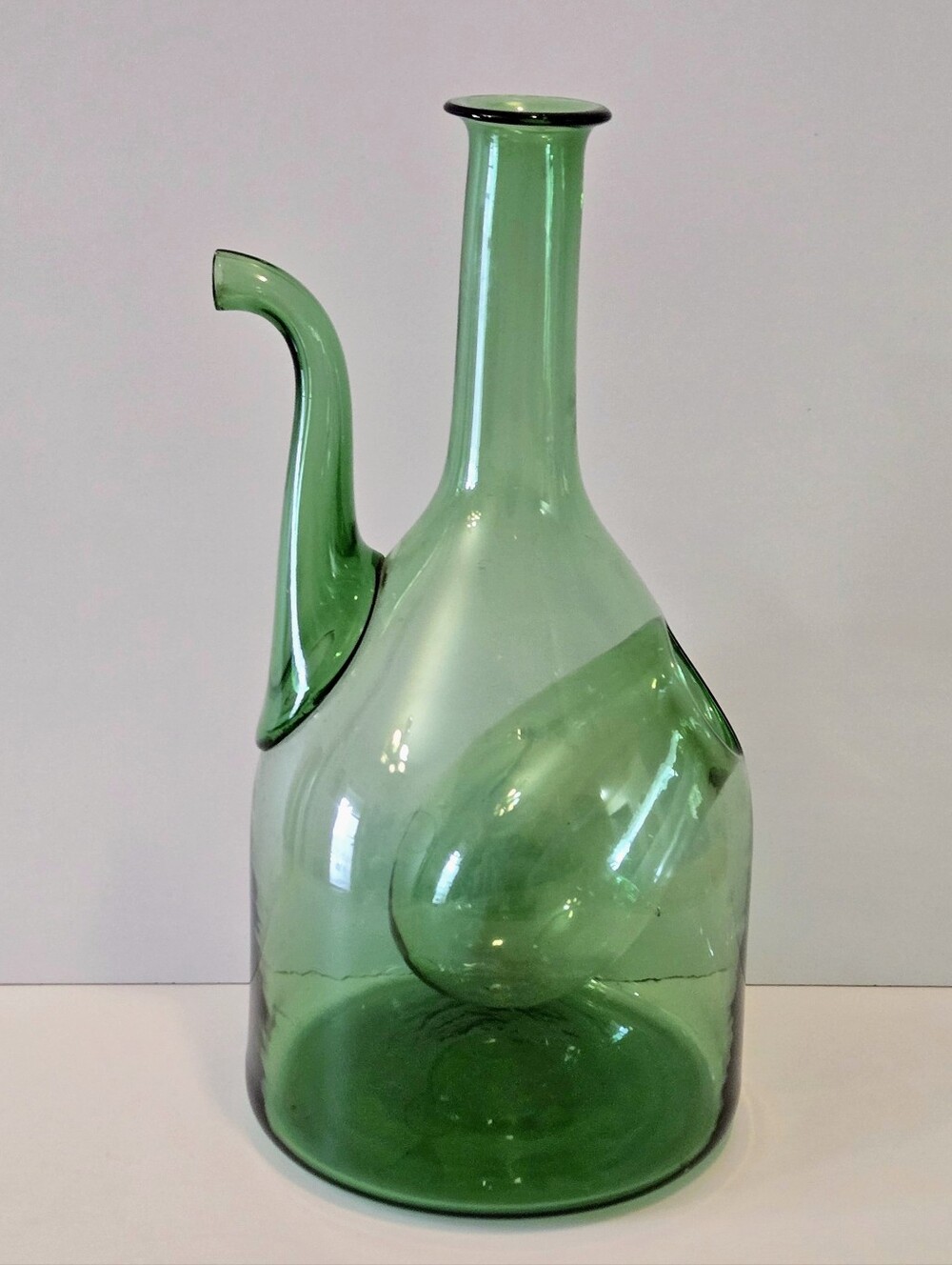 Vintage Green Glass Wine Carafe Decanter With Ice Chamber Hand Blown